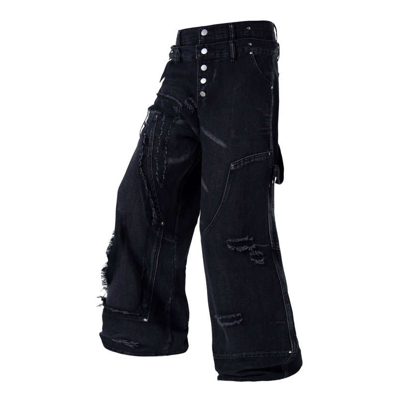 Side front view of black distressed denim pants with frayed details and cargo pocket