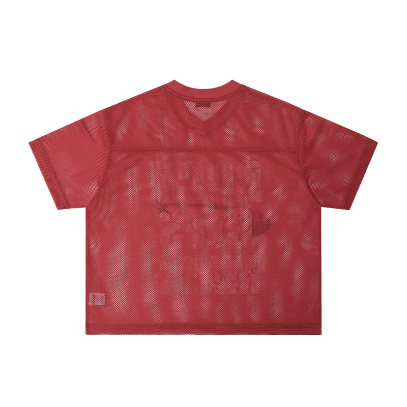 Red oversized mesh football jersey with short sleeves and V-neck, shown flat on a white background