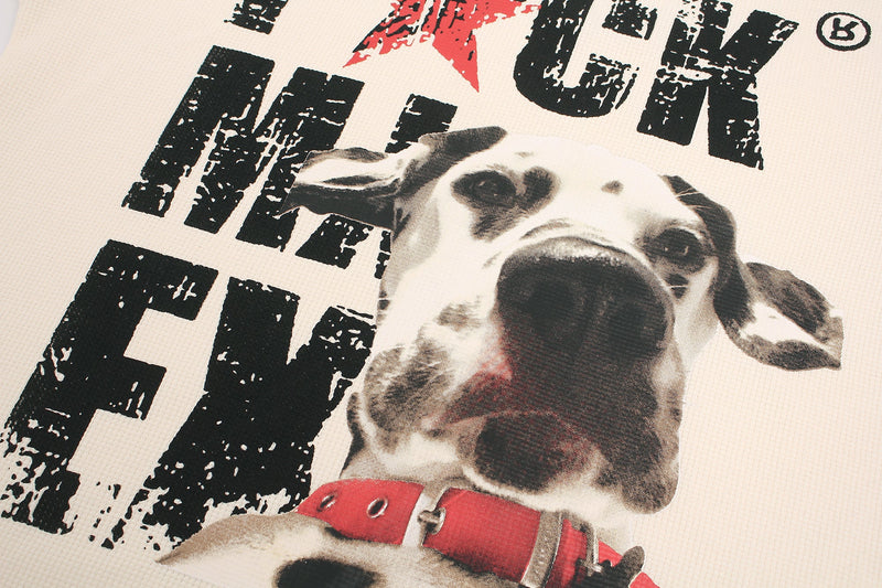 Distressed graphic tee with a close-up dog print, bold black lettering, and a red collar on cream fabric