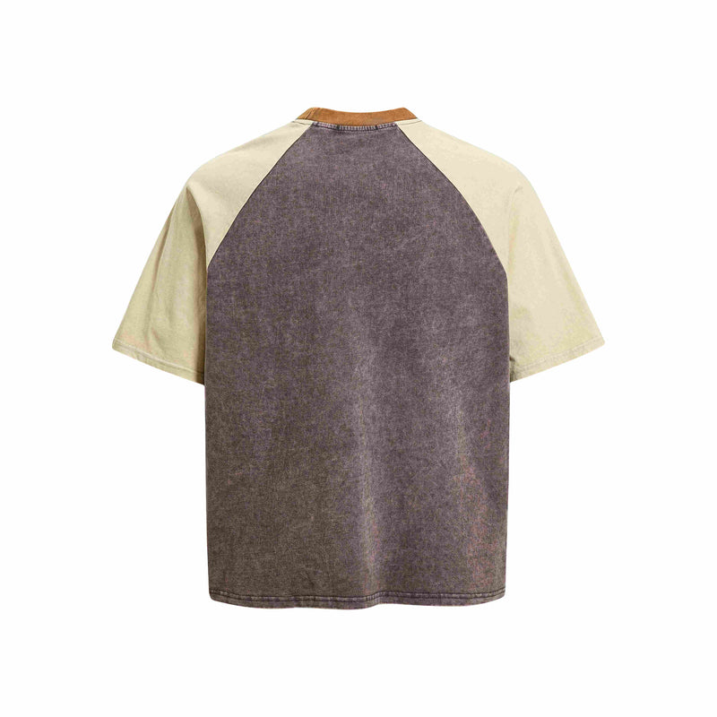 Washed raglan tee with cream sleeves, dark vintage back panel, and contrasting brown collar on a white background
