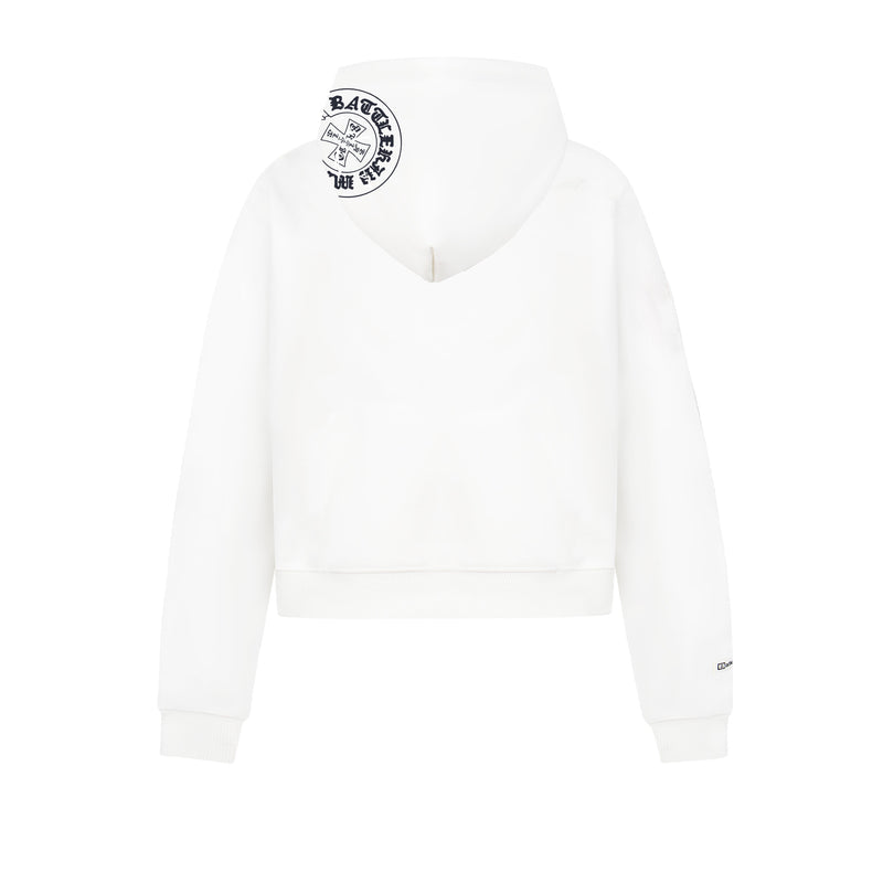 Back view of white pullover hoodie with small circular logo printed at the upper left shoulder