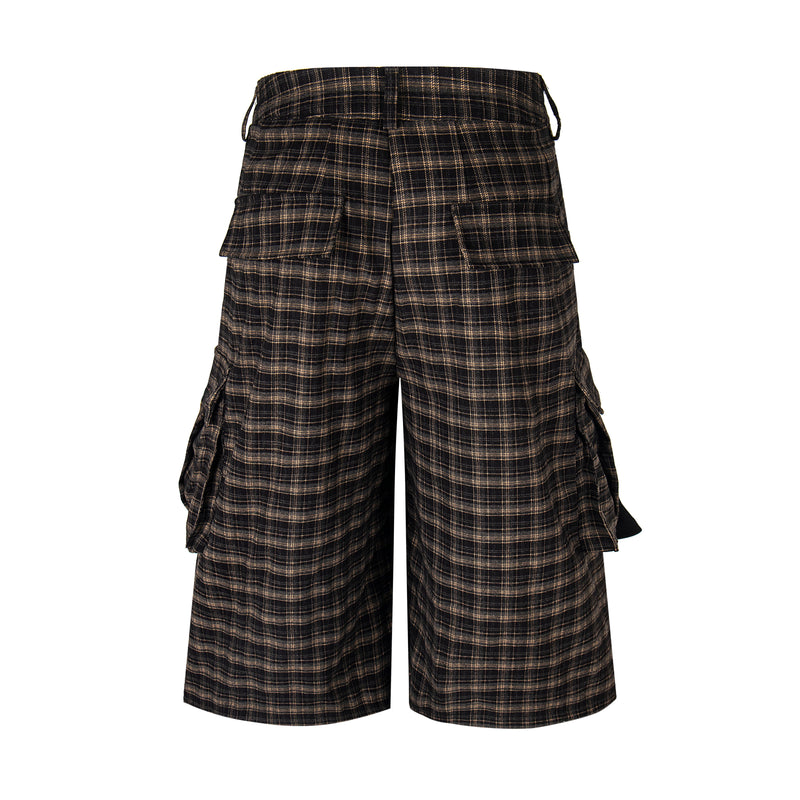 Back view of plaid knee-length cargo shorts with elastic waistband and back flap pockets