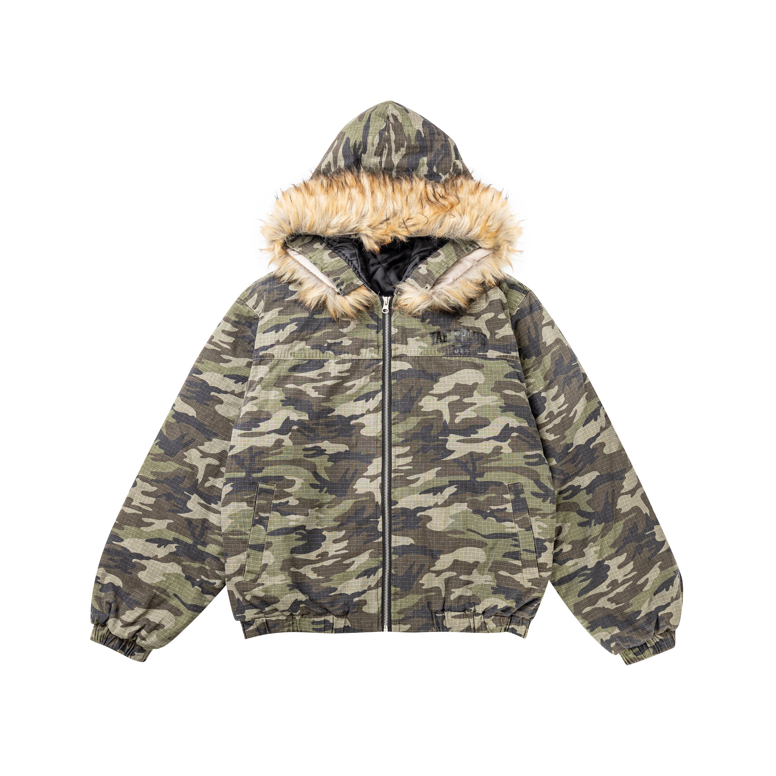 Men's camouflage padded cotton jacket with faux fur trimmed hood and full zip closure, front view