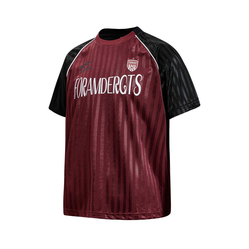 Maroon and black striped football jersey tee with white trim and FORAMDERGTS logo on a plain background