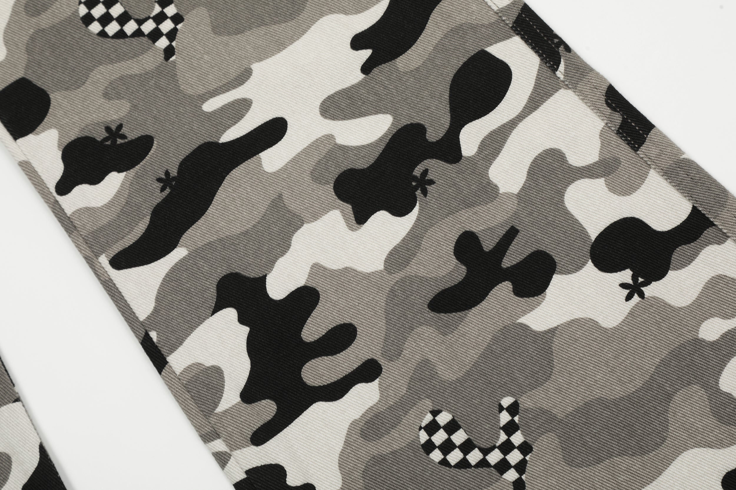 Grey Camo Cargo Pants with Checkerboard Patches | SEAKOFF