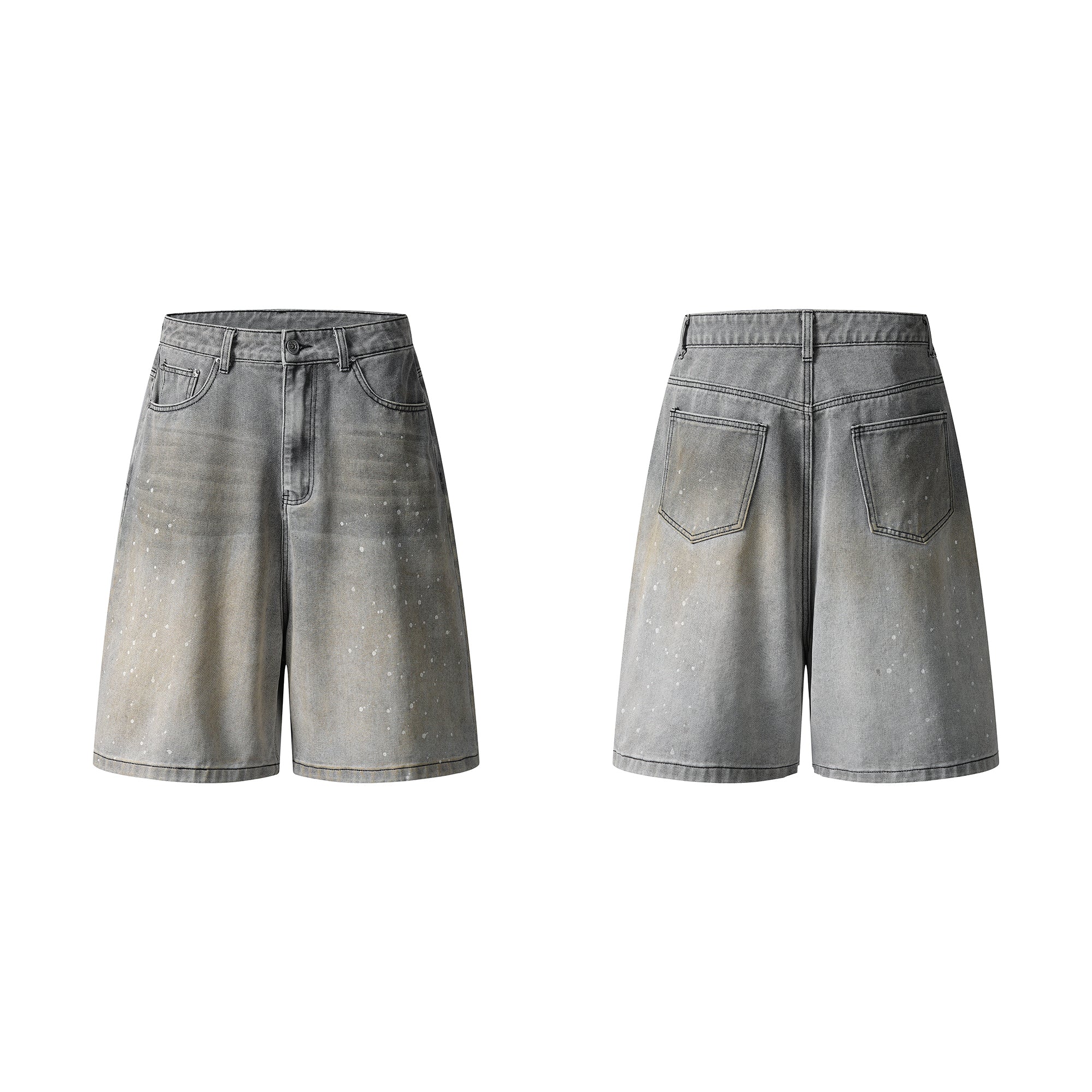 Front view of grey speckled fade wide-leg denim shorts with whisker detailing and five-pocket design