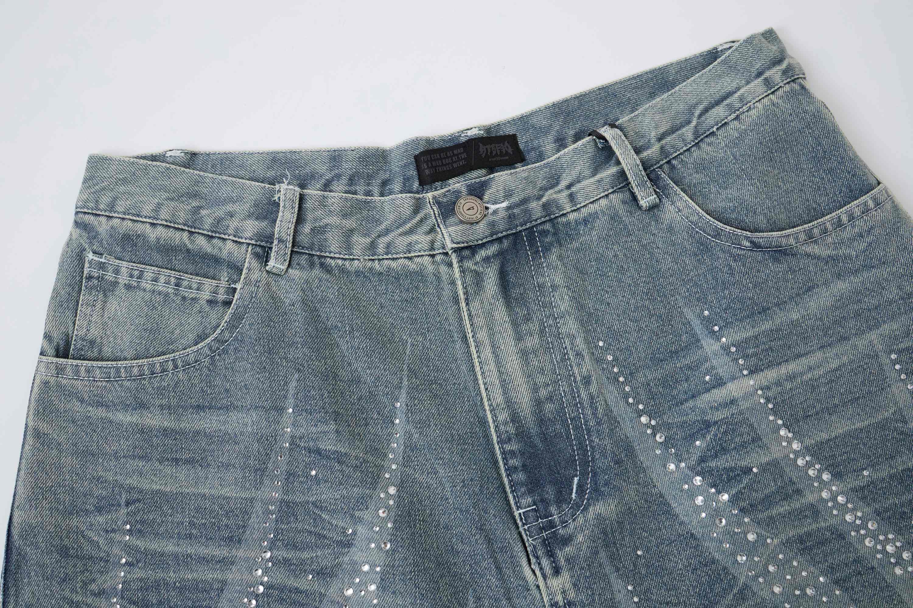 Omirad Rhinestone Denim Shorts | Gradient Wash Loose Fit