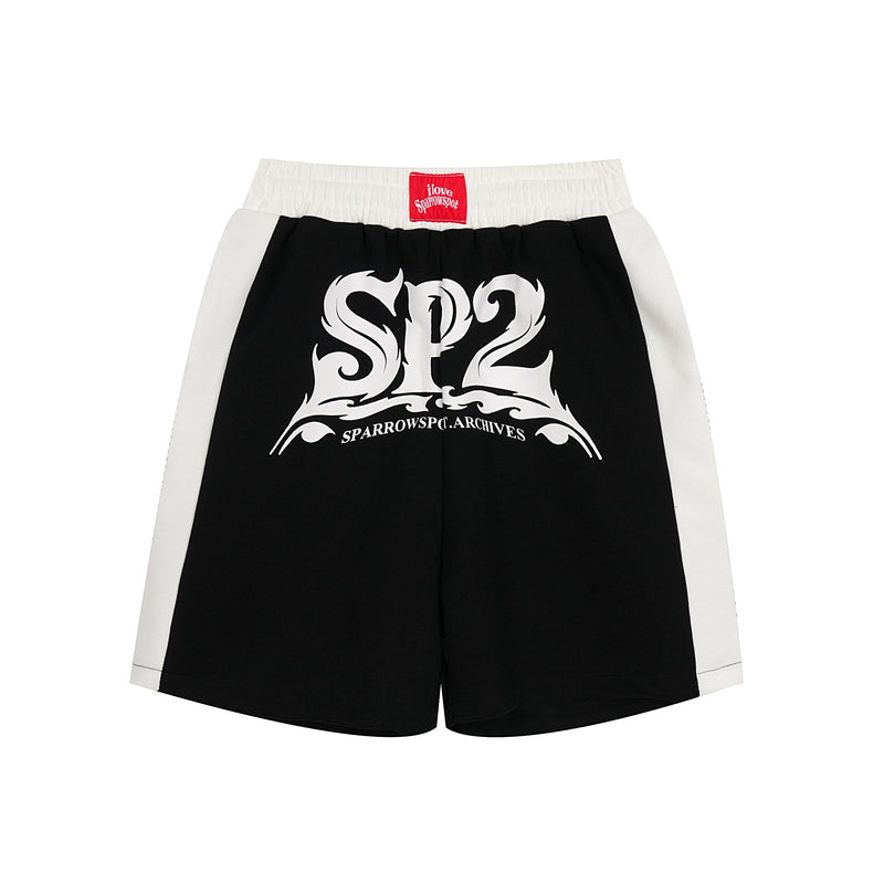 Front view of black sport shorts with white side panels and SP2 logo print