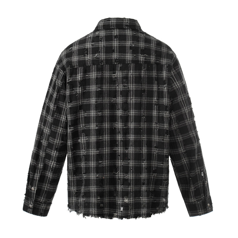 Back view of black plaid flannel overshirt with distressed weave and frayed edges