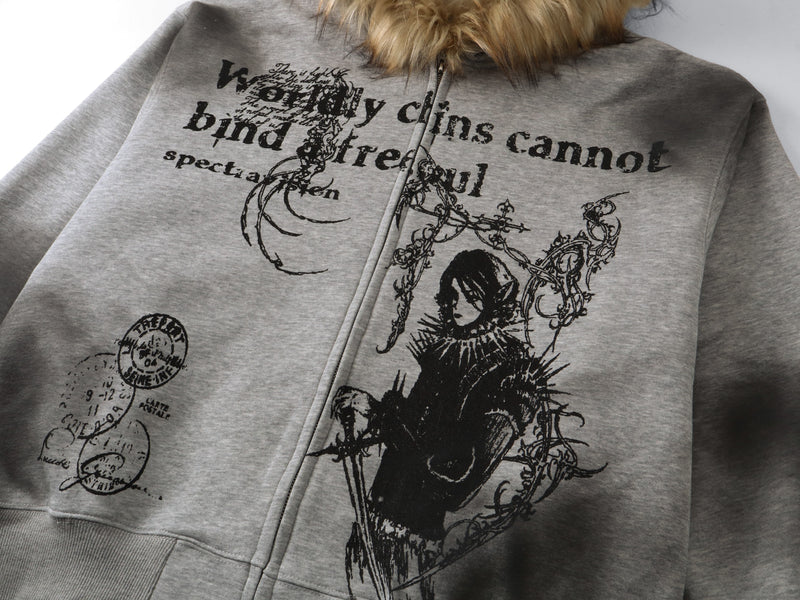 Front close-up of gray zip-up hoodie with tan fur hood and black gothic text and graphics