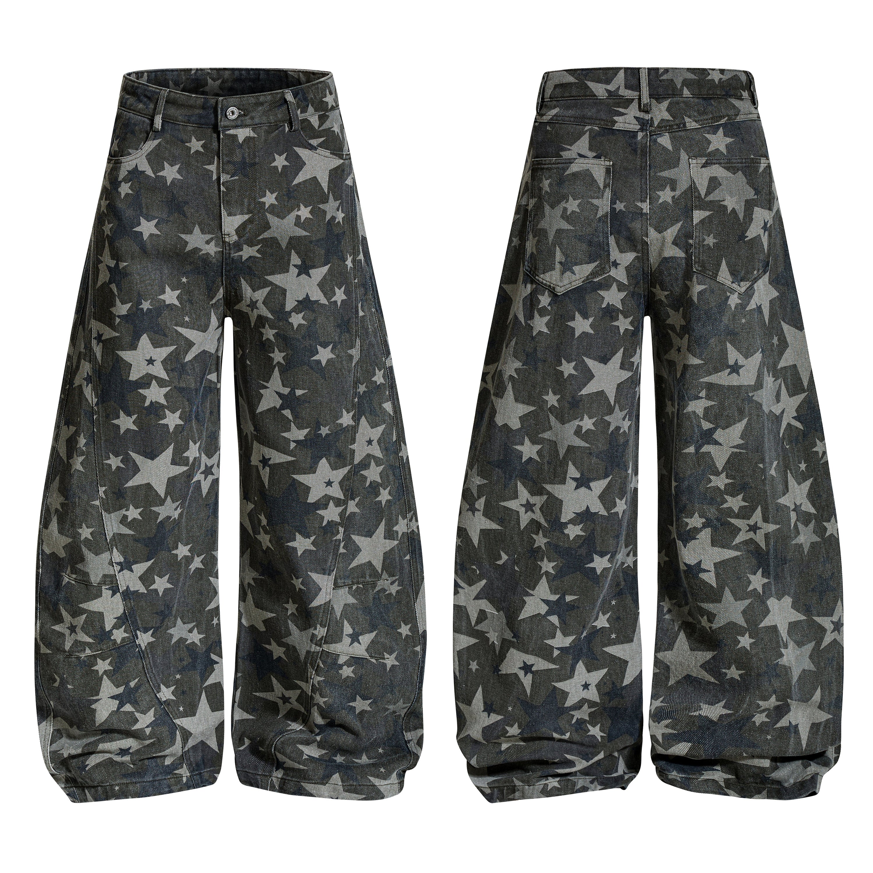 Front and back view of dark grey barrel-leg jeans with all-over vintage-wash star print on white background