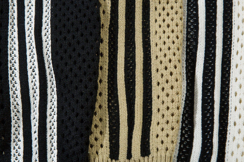 Close-up of beige, black, and white striped mesh knit fabric