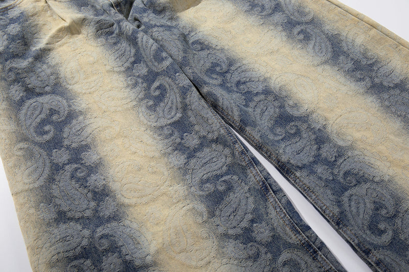 Close-up of wide-leg denim fabric with faded paisley print
