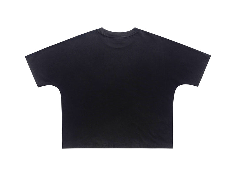 Black oversized graphic tee with a relaxed fit, shown from the back on a clean white background
