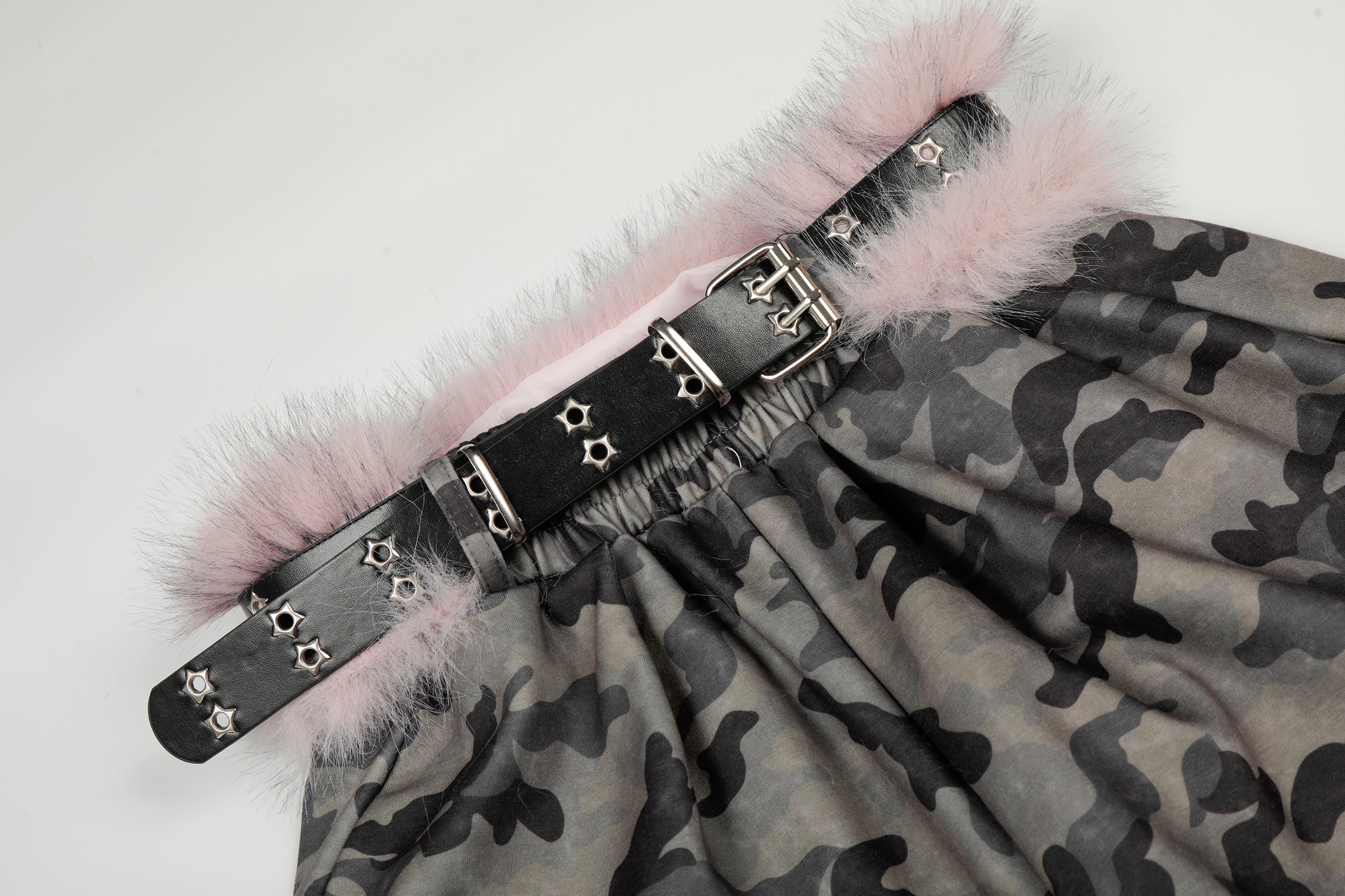 Camo Wide-Leg Pants with Pink Faux Fur Trim & Studded Belt