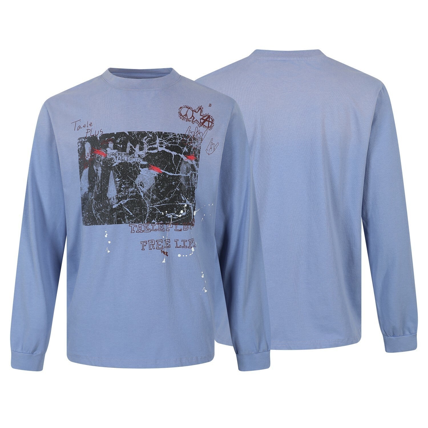 Steel blue long-sleeve graphic t-shirt with distressed front print, script lettering, and punk symbols, shown front and back