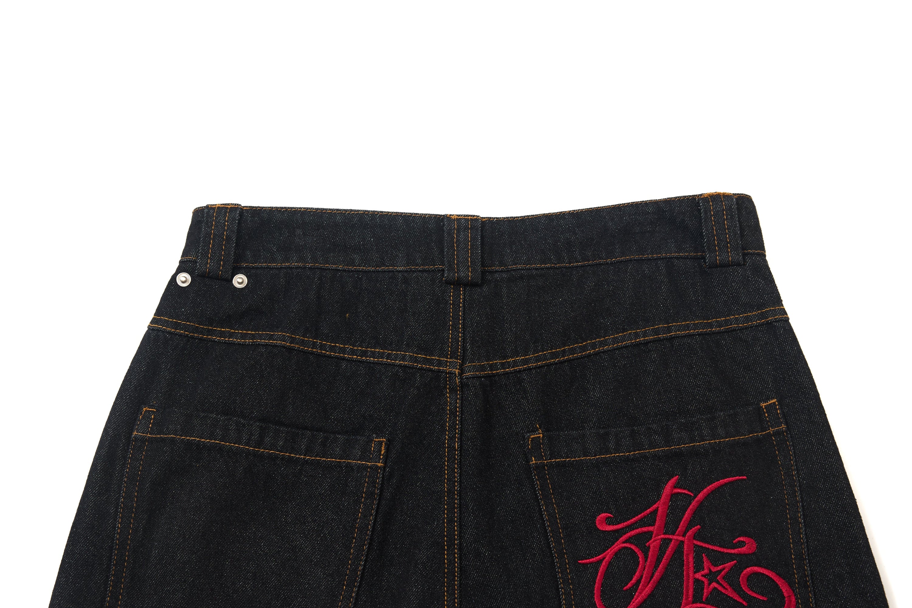 Wide-Leg Jeans with Red Embroidery & Side Drape | SEAKOFF
