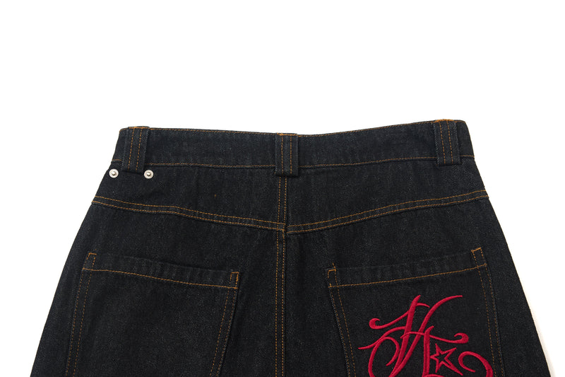 Wide-Leg Jeans with Red Embroidery & Side Drape | SEAKOFF