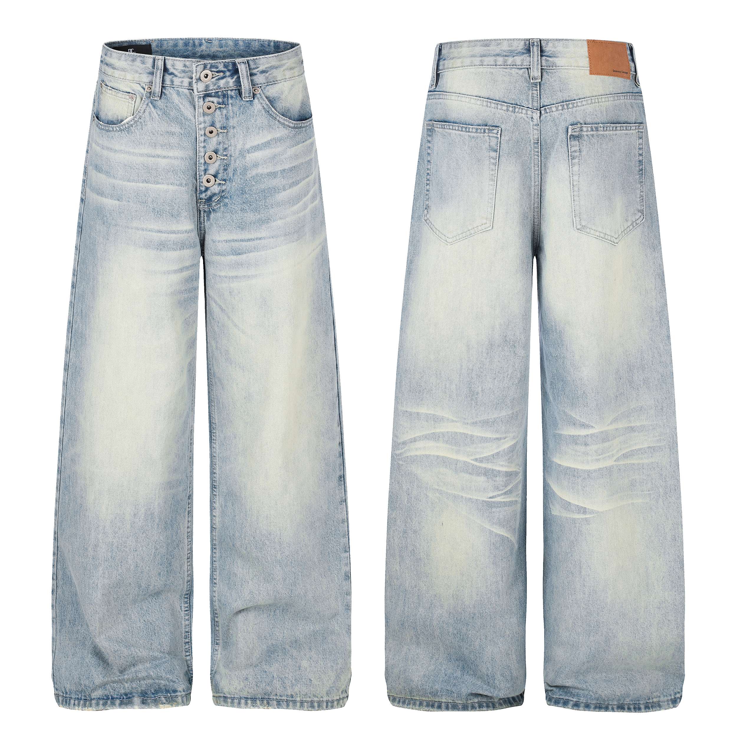 Front and back view of light vintage washed wide-leg baggy jeans with multi-button fly and whisker fade detailing