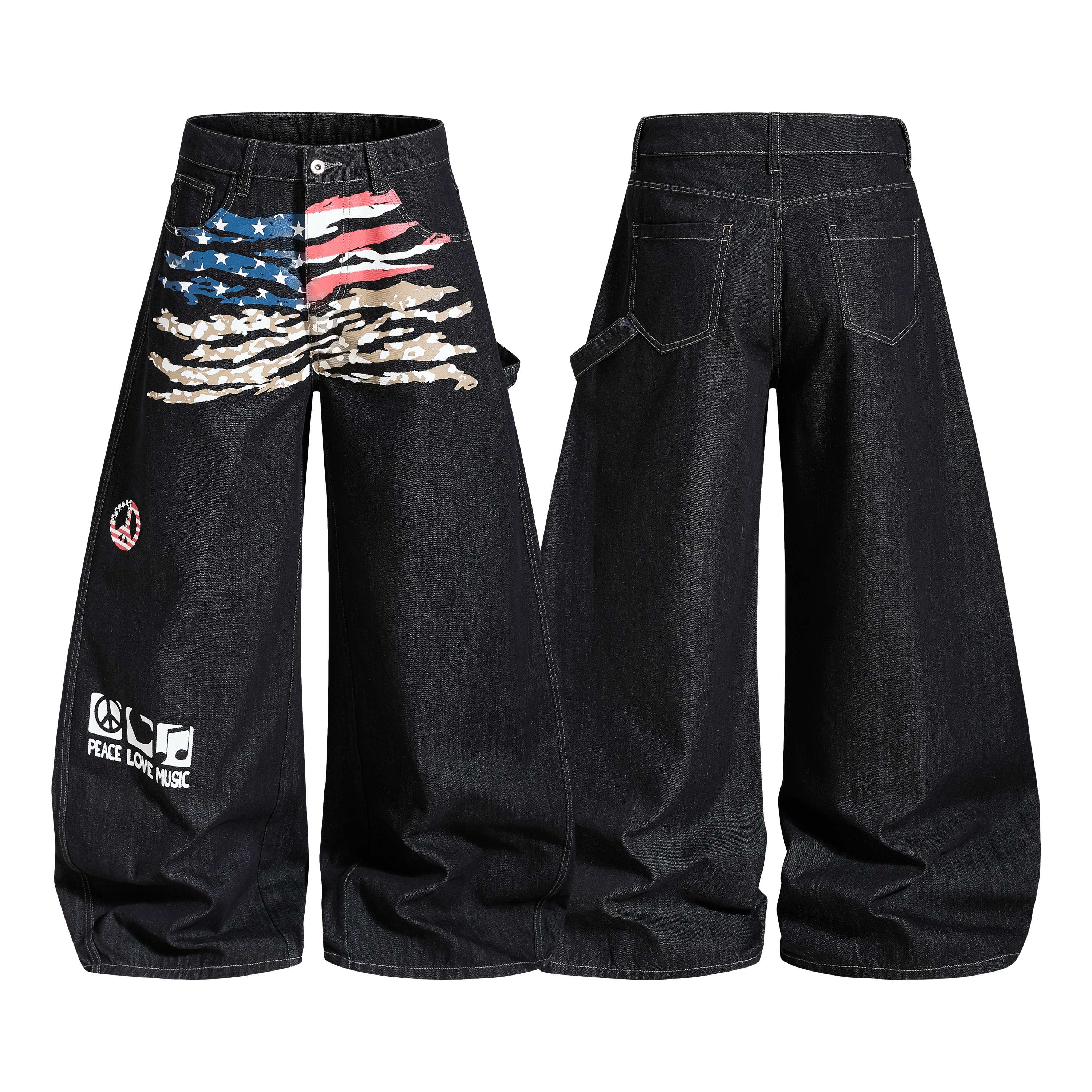 Front and back view of black wide-leg baggy jeans with distressed American flag camo graphic print and Peace Love Music lette