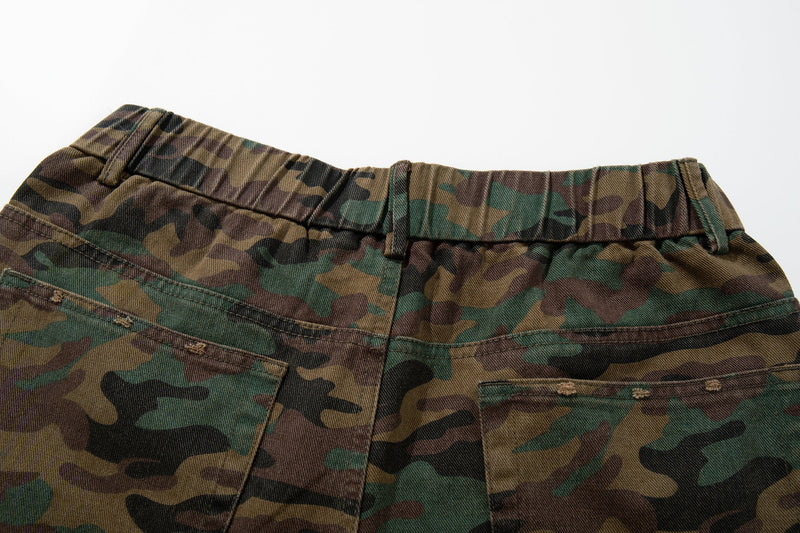Close-up of back waistband and pocket tops on woodland camo pants