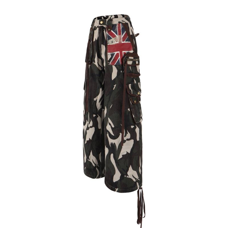 Right-side view of camo cargo pants with Union Jack patch and layered utility pockets