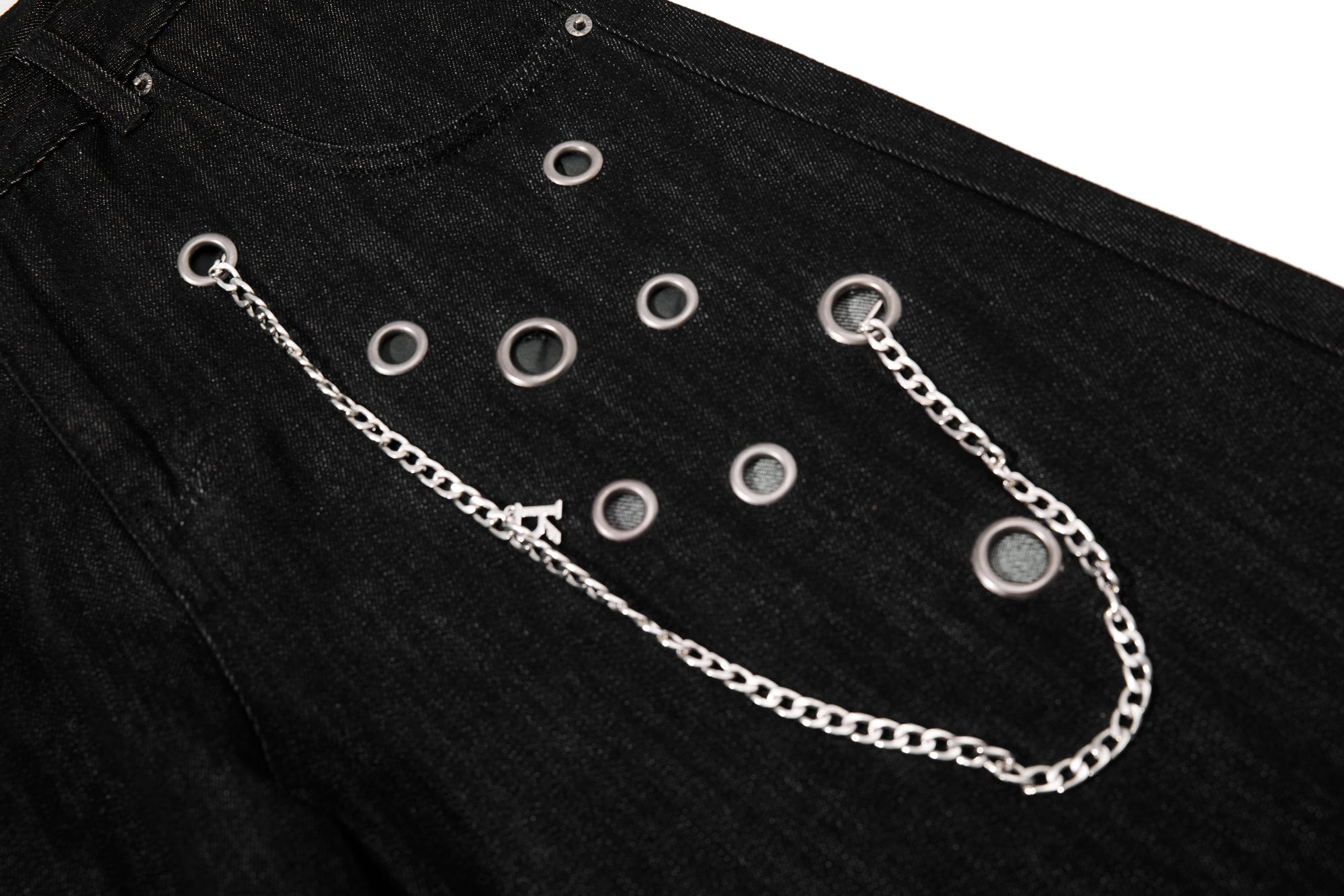 Wide-Leg Black Denim Pants with Eyelet & Chain Detail