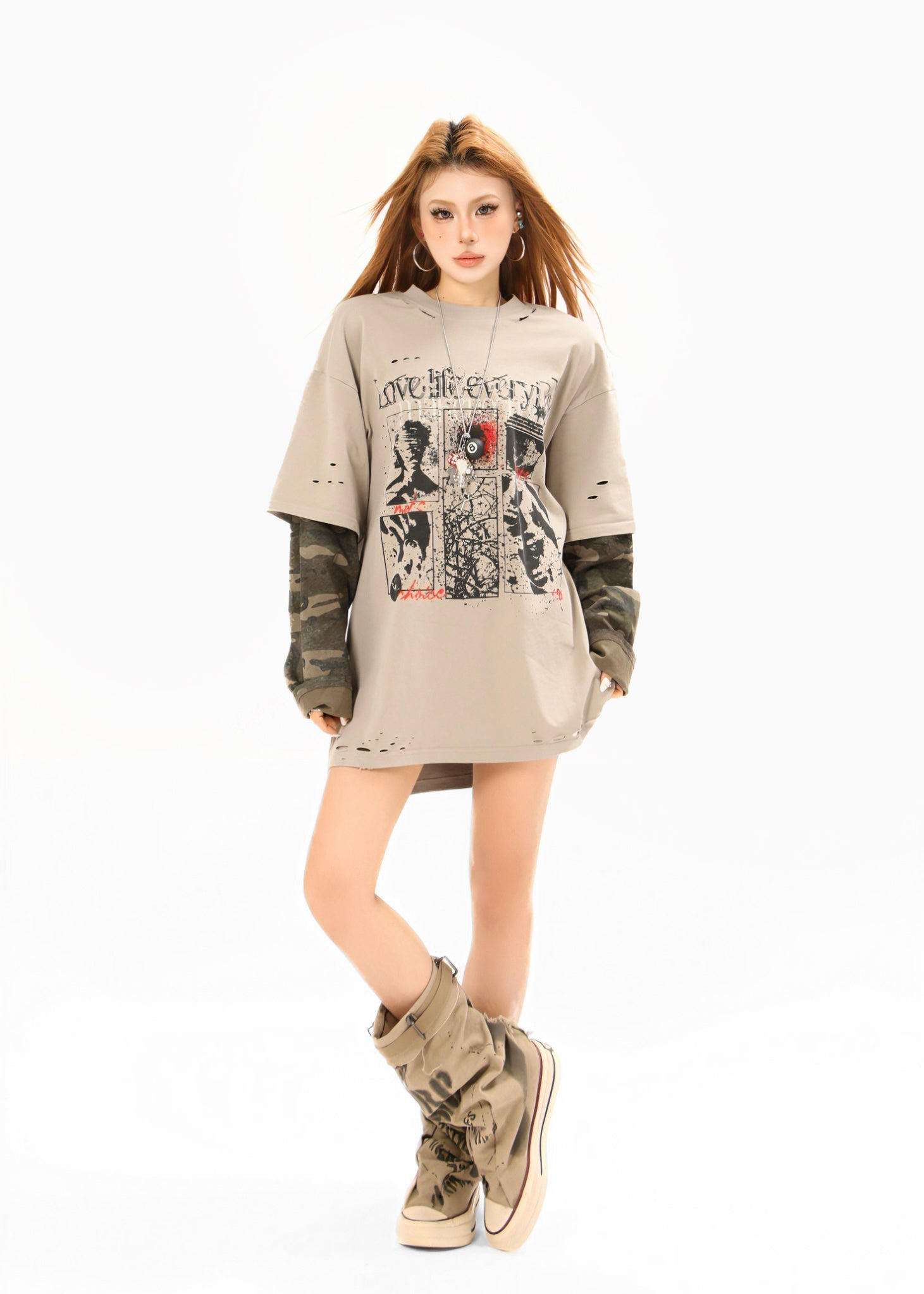 Omirad Layered Camo-Sleeve Distressed Graphic Tee | SEAKOFF