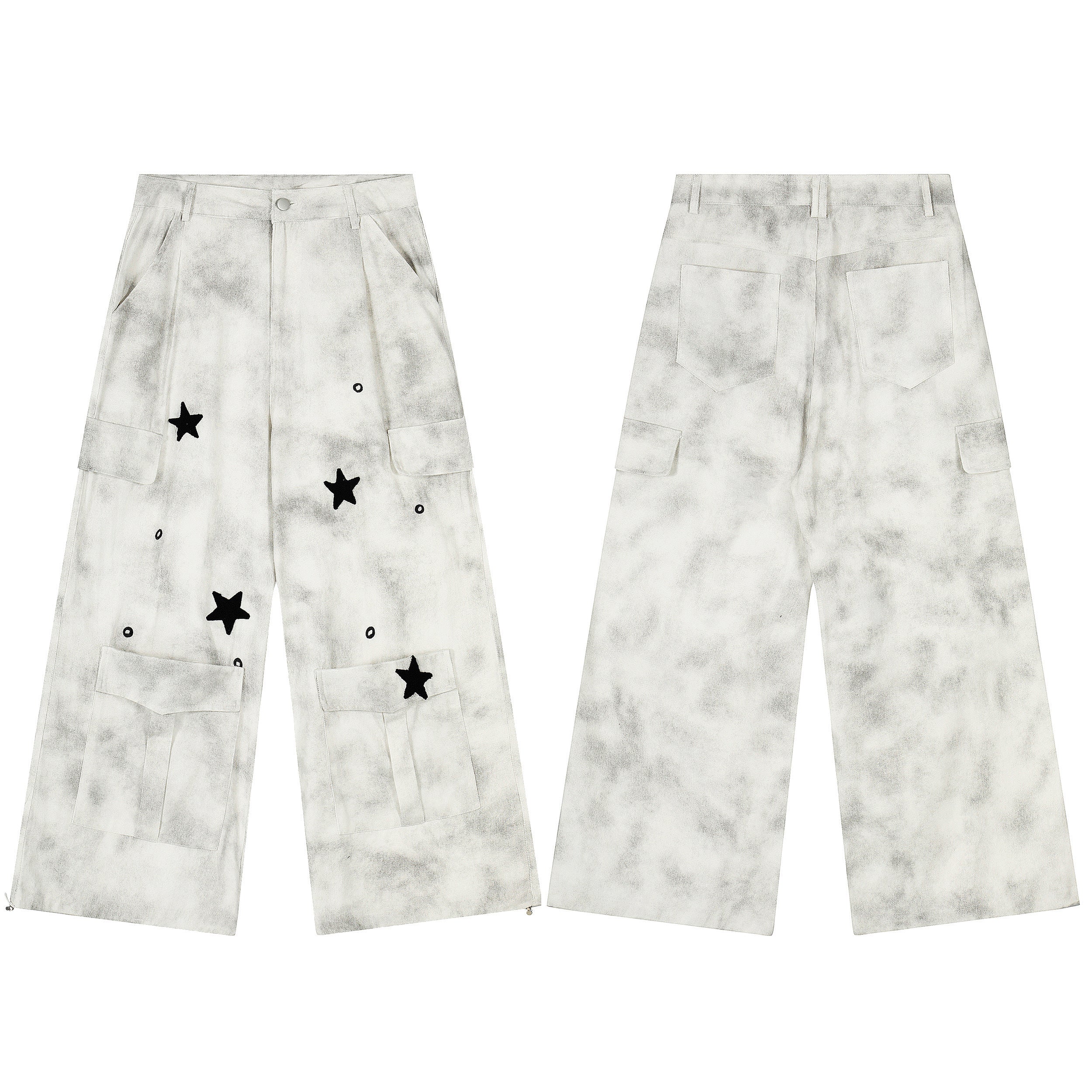 Front and back view of wide-leg cargo pants with washed grey-white finish and black star appliqué patches