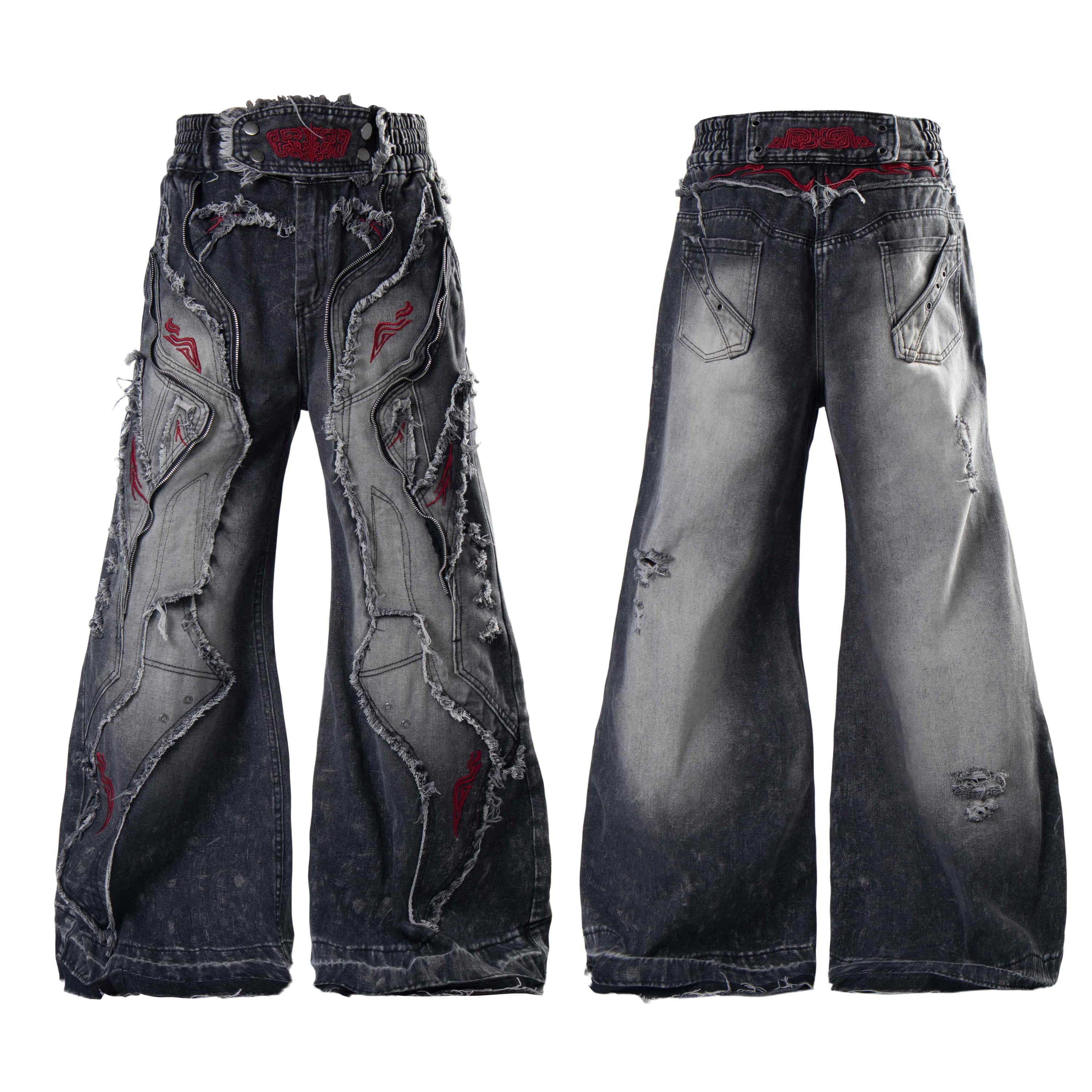 Front and back view of dark grey wide-leg baggy jeans with distressed contrast panels, exposed zippers and red flame embroide
