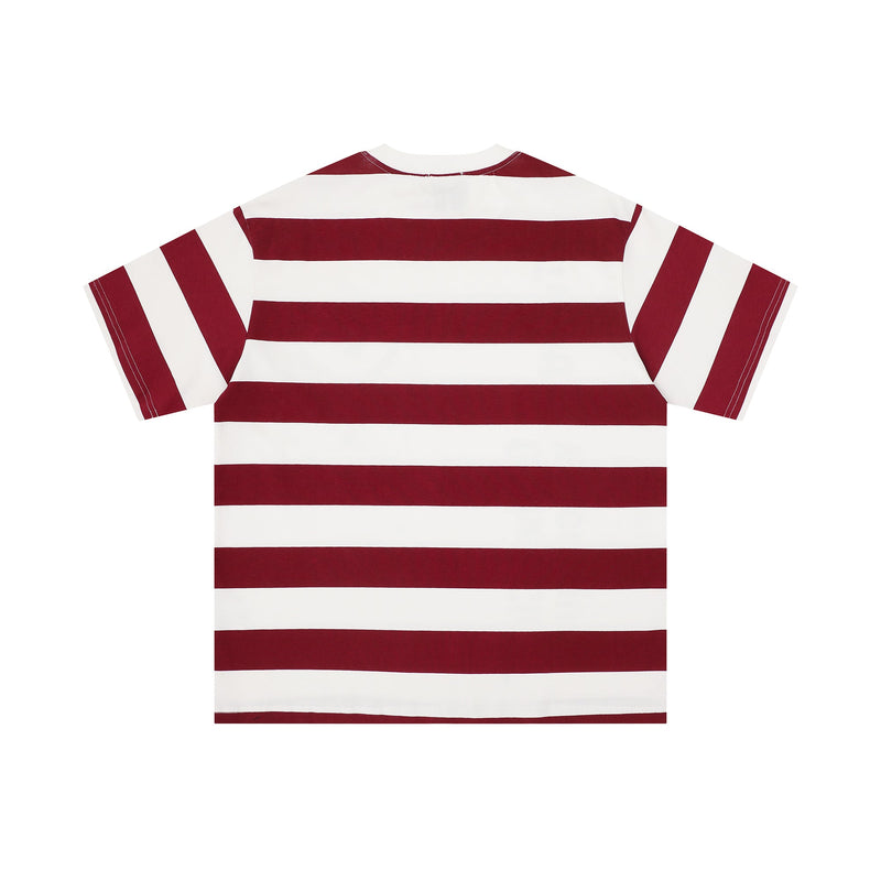 Oversized red and white striped graphic tee with wide sleeves and a relaxed Y2K streetwear fit