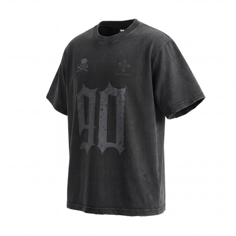 Black distressed gothic graphic T-shirt with oversized faded 90 print, skull detail, and frayed vintage-style edges