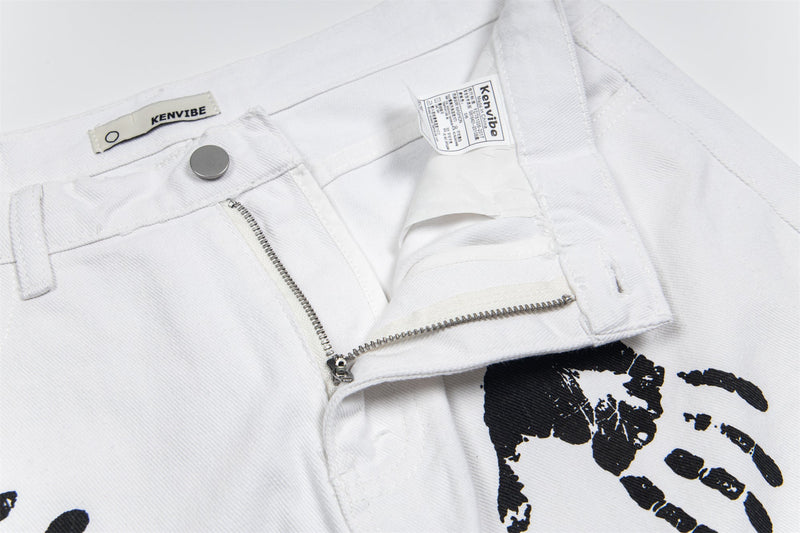 Omirad Handprint White Denim Pants | Wide-Leg Street Style