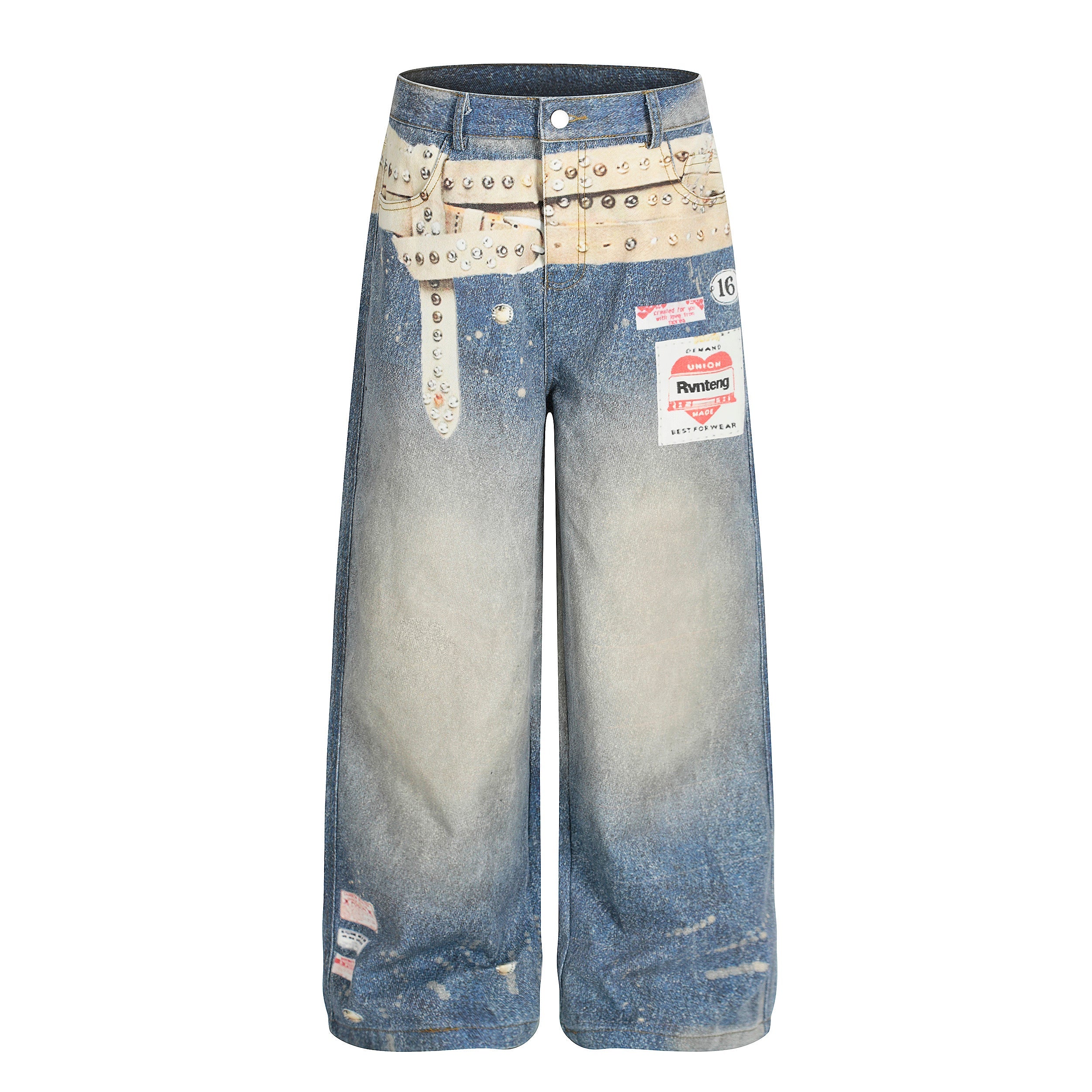 Omirad Studded Belt Print Wide-Leg Denim Jeans | Streetwear