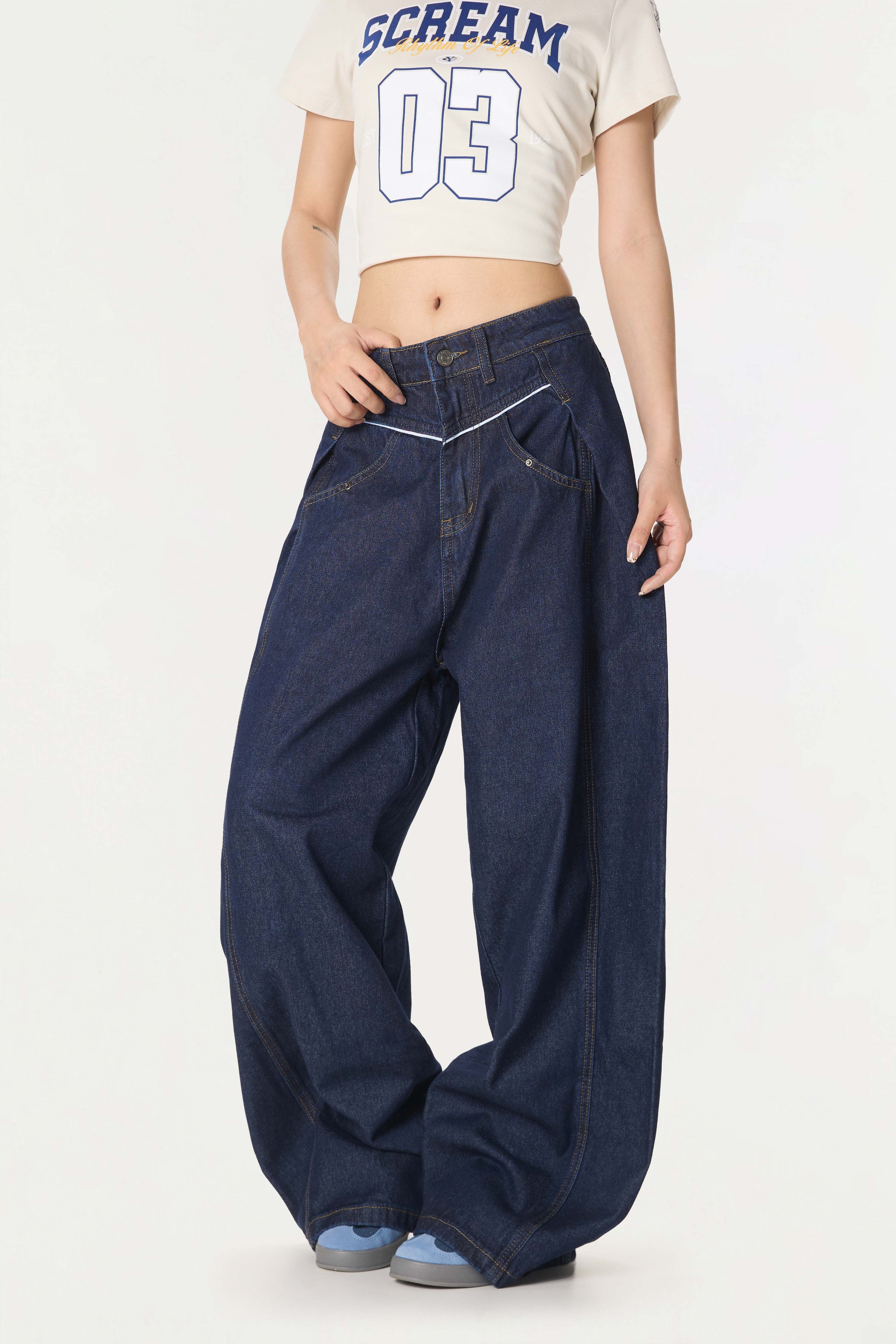 Omirad Contrast Piping Wide-Leg Jeans | Retro Street Denim