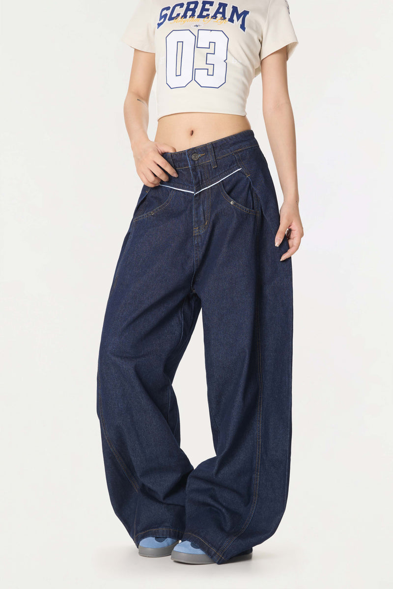 Omirad Contrast Piping Wide-Leg Jeans | Retro Street Denim