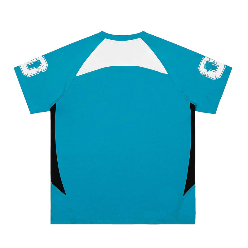 Teal varsity color block T-shirt with white shoulder panel and distressed number patches on the sleeves