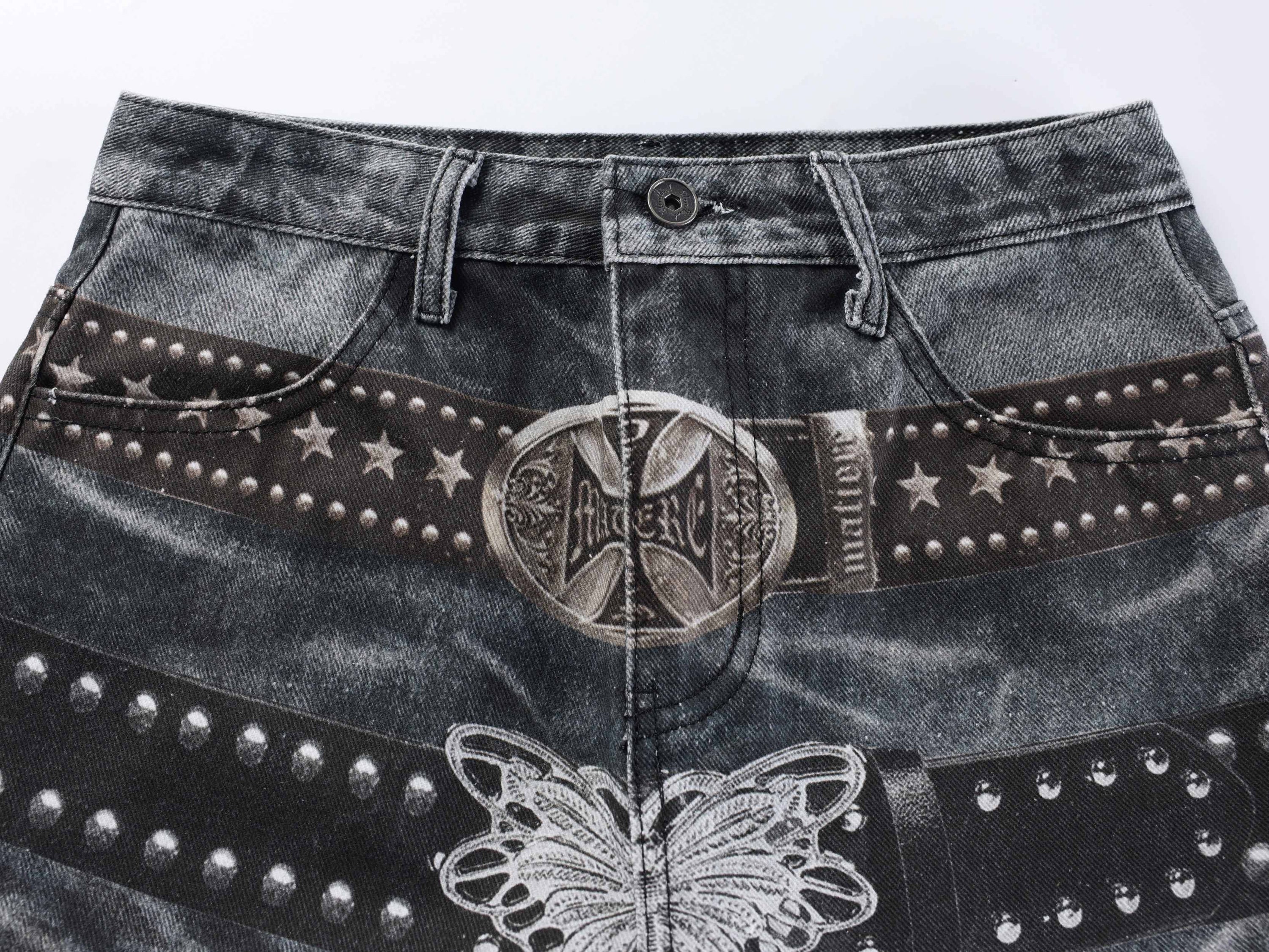 Omirad Washed Studded Wide-Leg Jeans | Butterfly Graphic