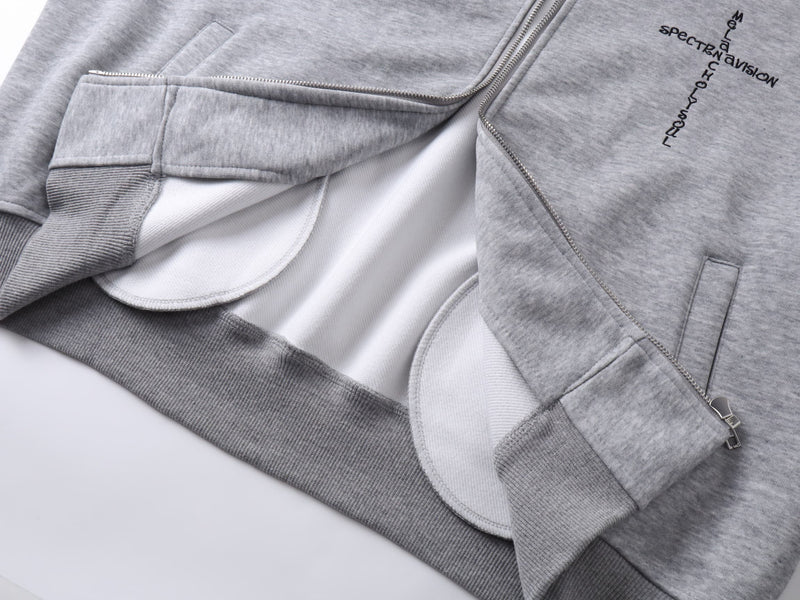 Gray zip hoodie front interior view with white lining and pocket details