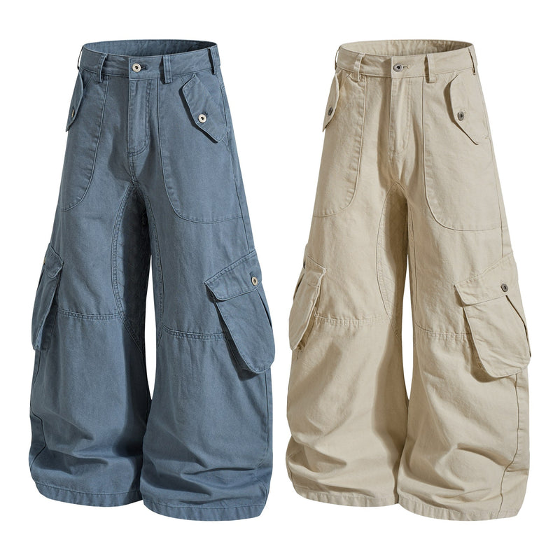 Blue and beige wide-leg cargo pants shown front view with flap pockets