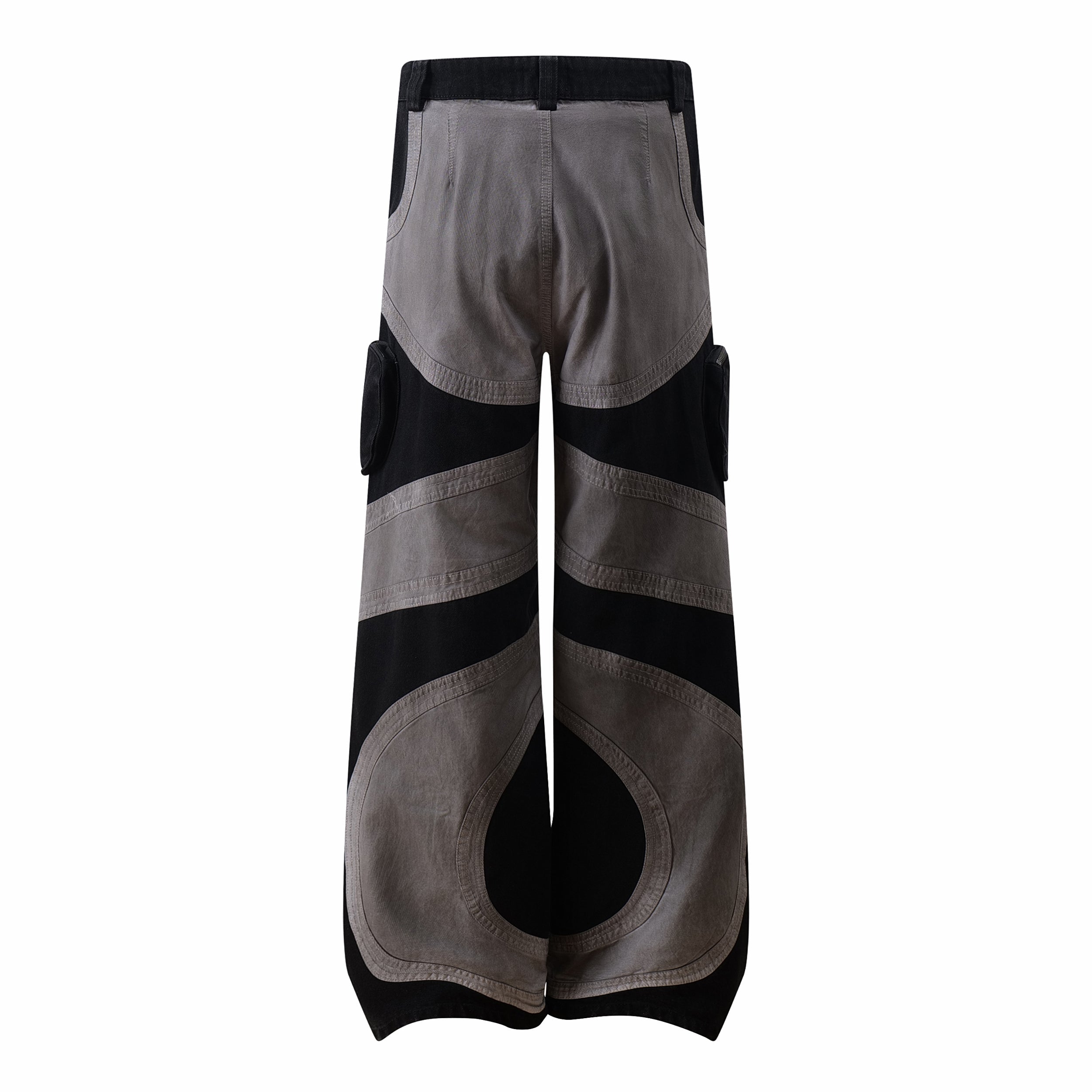 Multi-Panel Curved Contrast Wide-Leg Cargo Pants