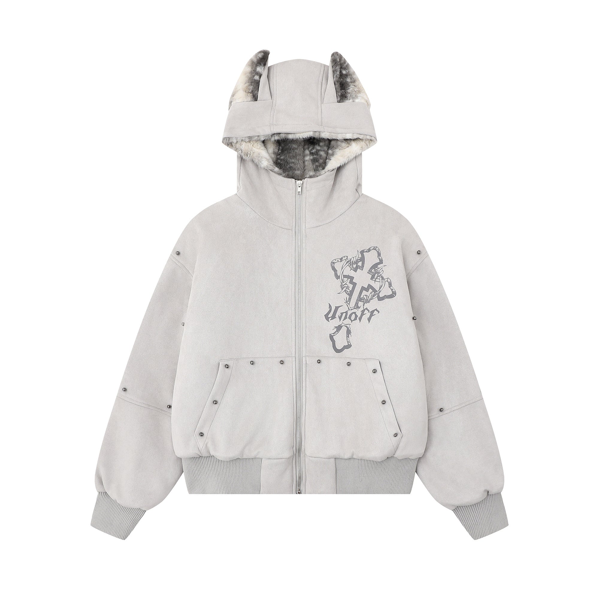 Furry-Ear Zip Hoodie Jacket | Streetwear Puffer with Rivets