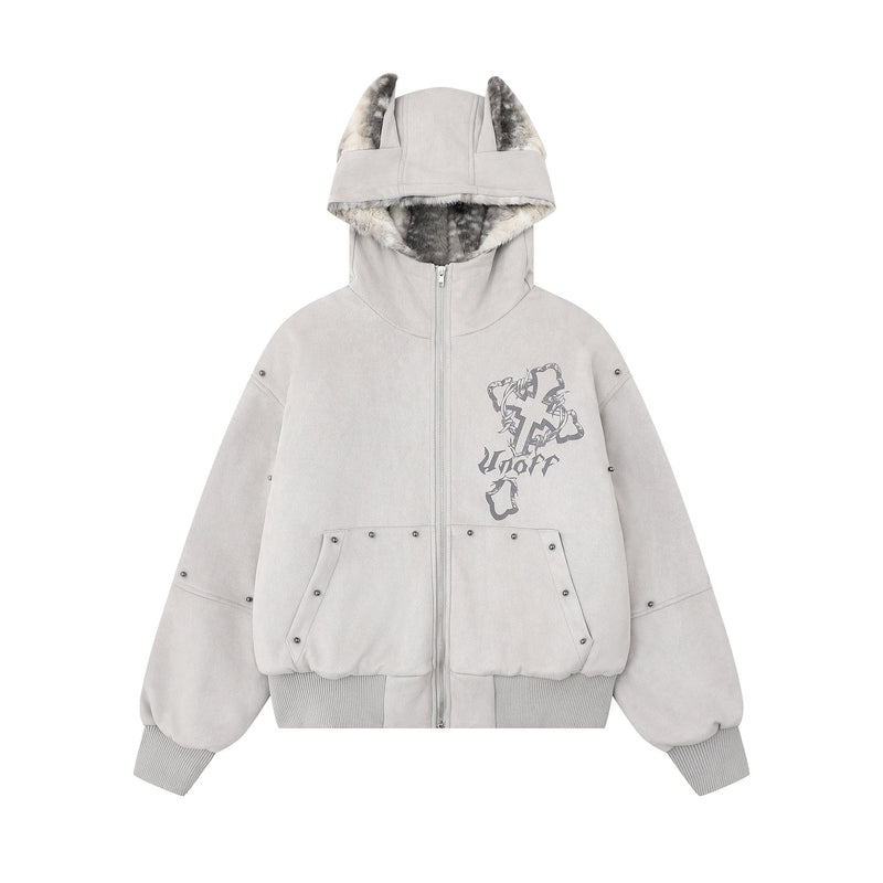 Furry-Ear Zip Hoodie Jacket | Streetwear Puffer with Rivets