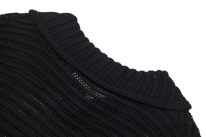 Black open-knit short-sleeve button-up shirt with textured mesh knit and star pattern detailing