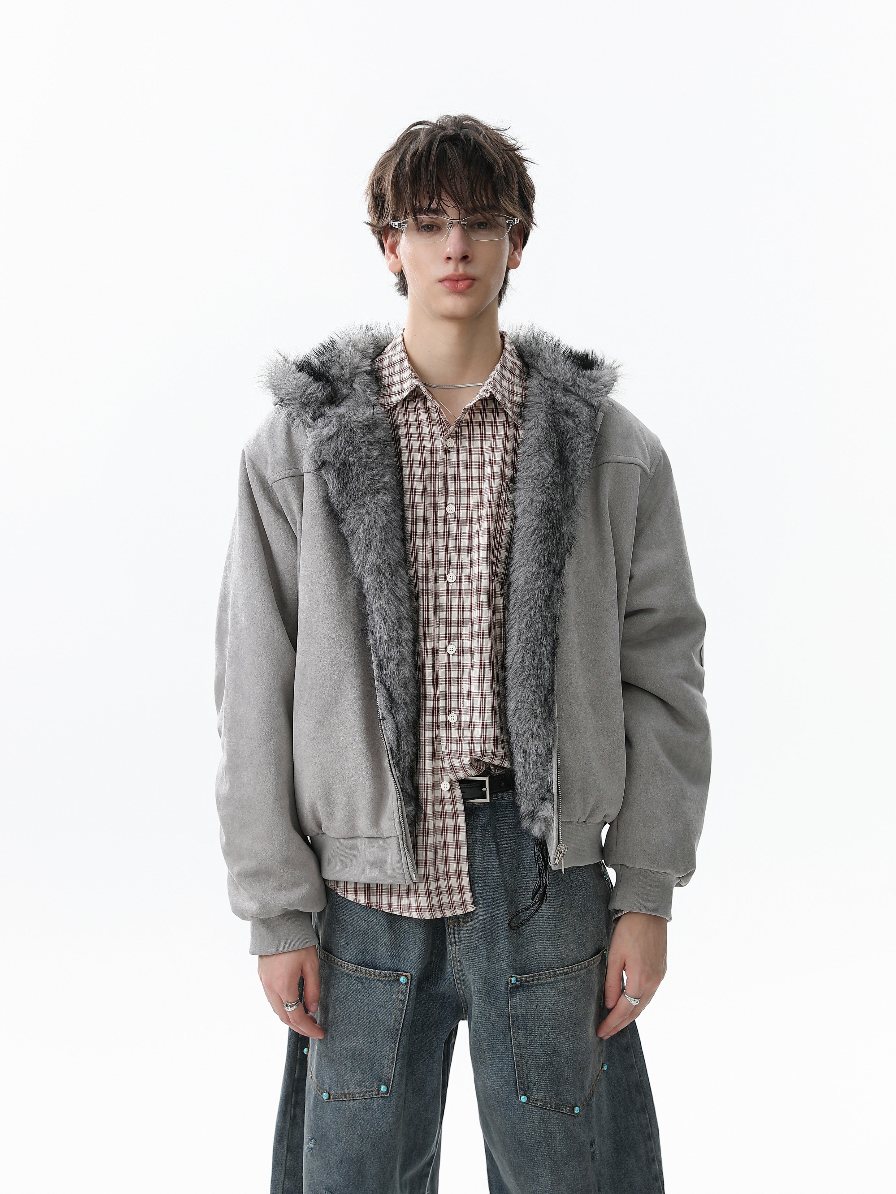 Reversible Faux Fur & Suede Hooded Bomber Jacket