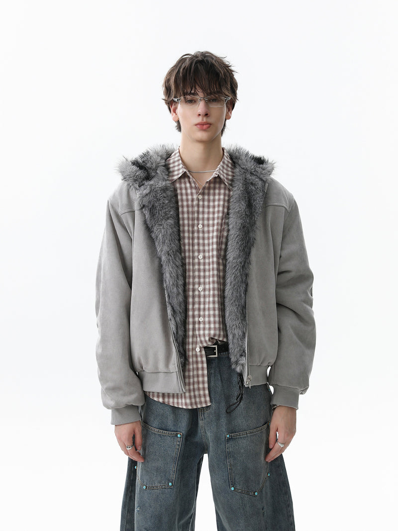 Reversible Faux Fur & Suede Hooded Bomber Jacket