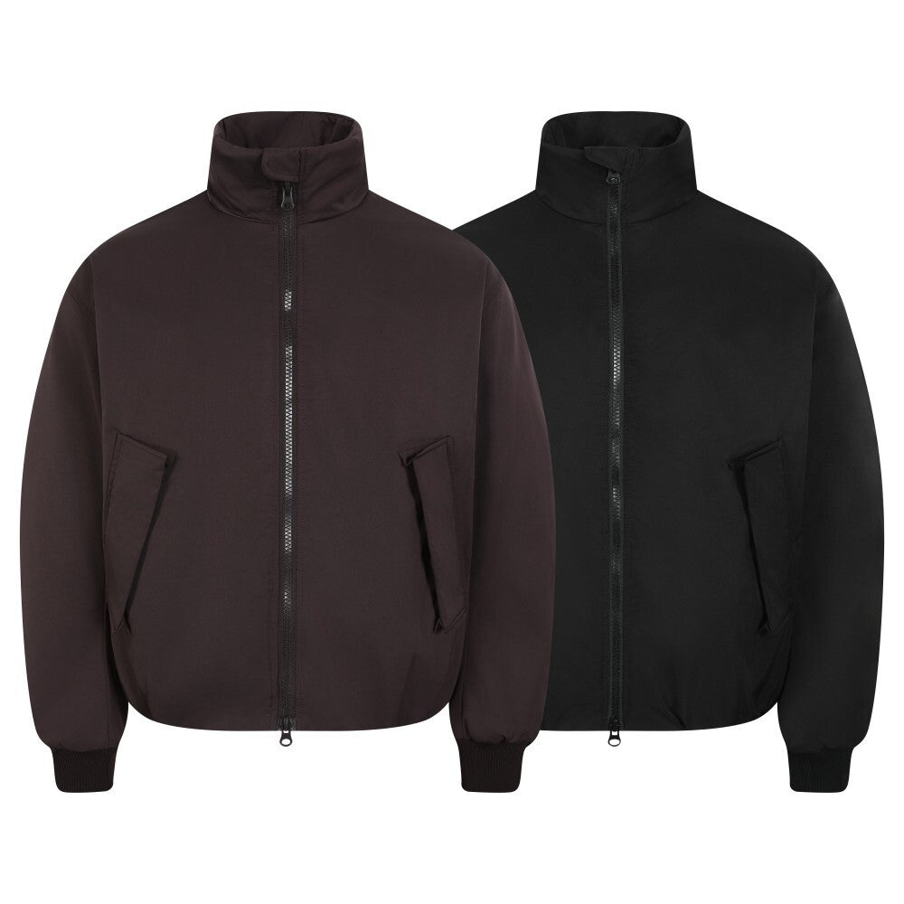 Omirad high-neck minimal bomber jacket shown in dark brown and black colorways, front view with zip closure and welt pockets