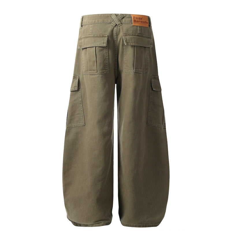 Back view of olive wide-leg cargo jeans with rear flap pockets and brand patch