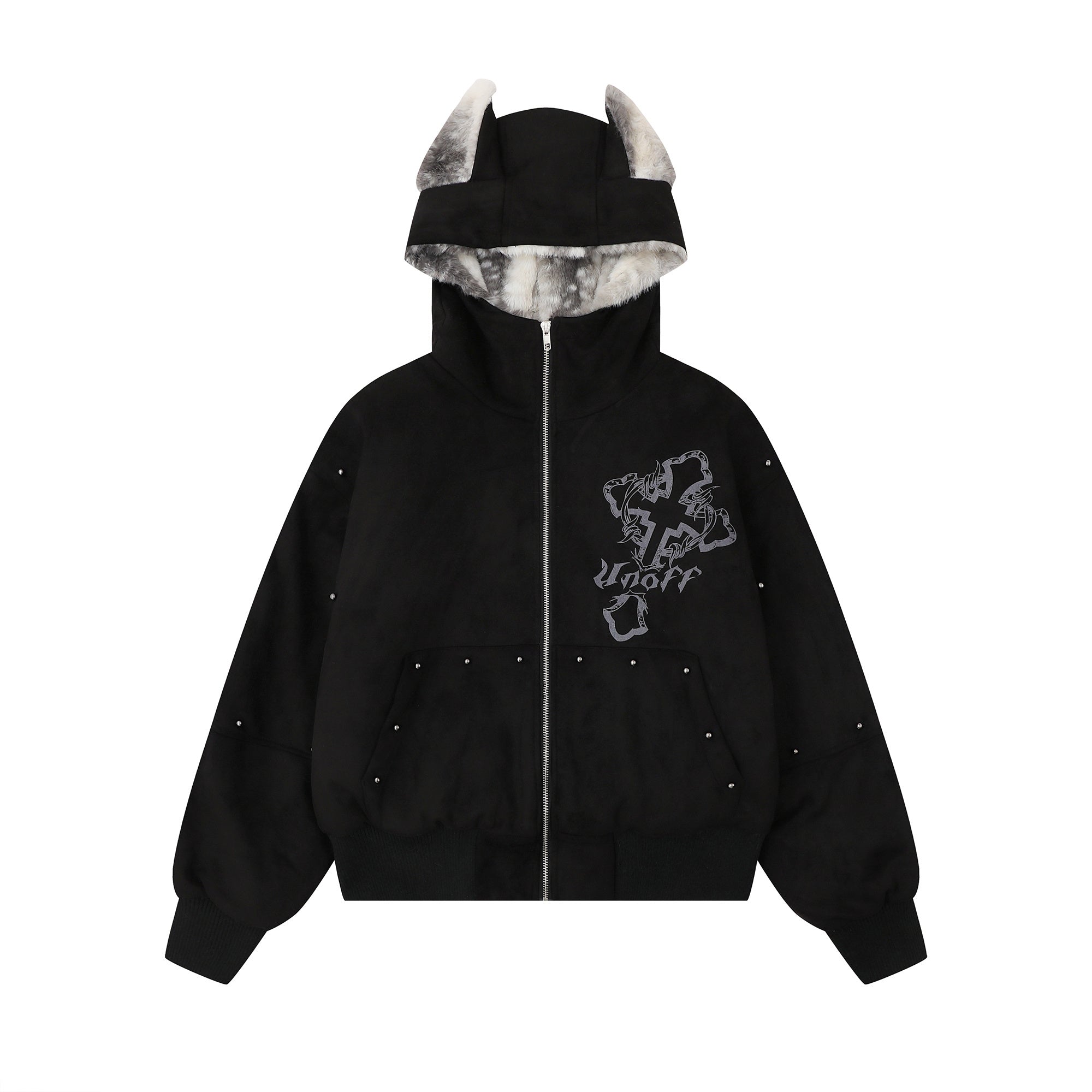 Furry-Ear Zip Hoodie Jacket | Streetwear Puffer with Rivets