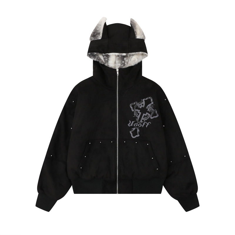 Furry-Ear Zip Hoodie Jacket | Streetwear Puffer with Rivets